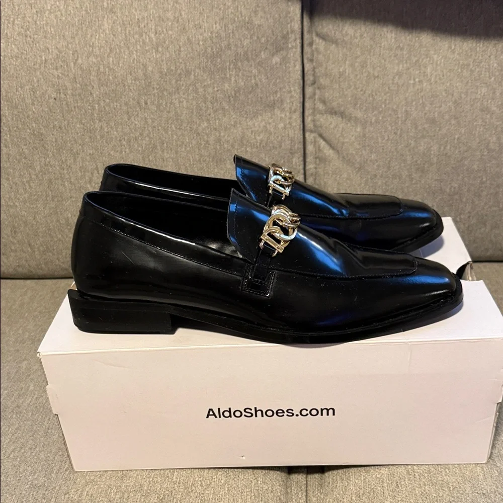 Aldo Black Leather Loafers with Gold Chain Trim